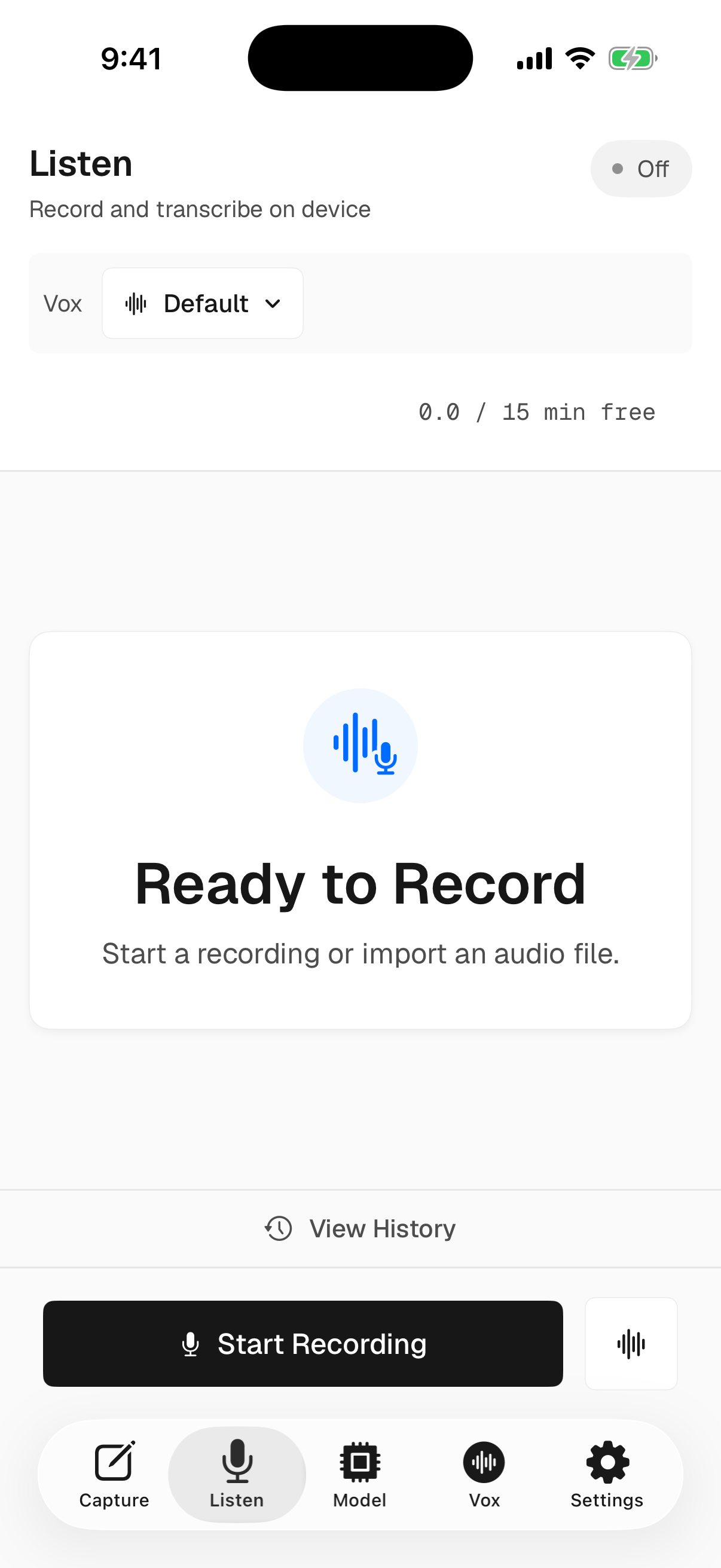 Vox.md main screen standing by for local voice-to-text recording