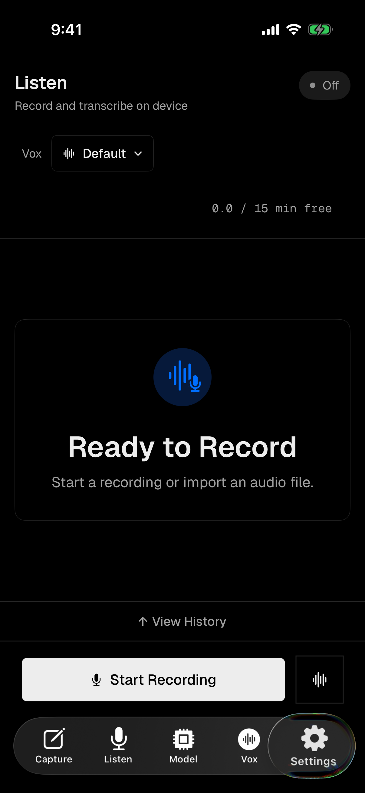 Vox.md settings screen with keyboard and lock screen options
