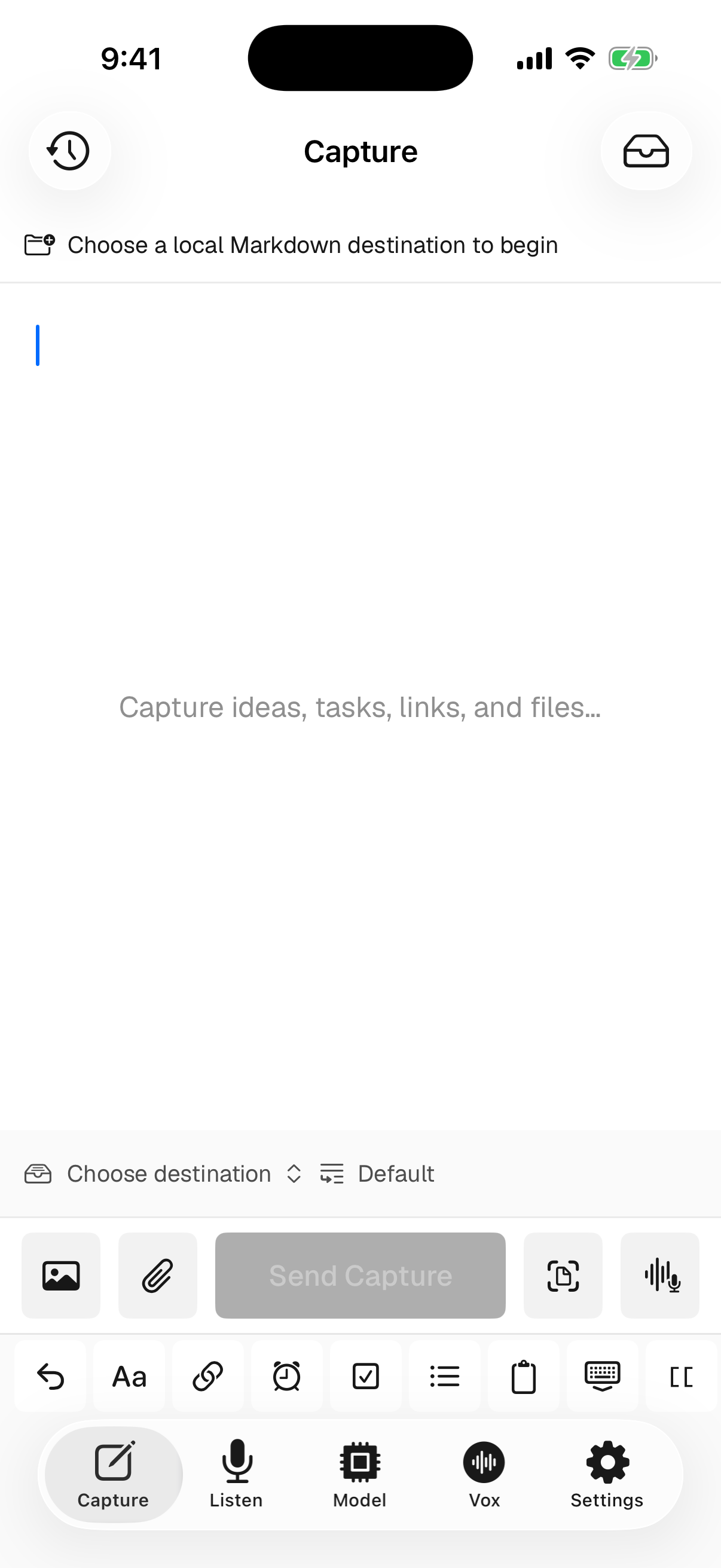 Vox.md Capture screen with Markdown tools and destination controls