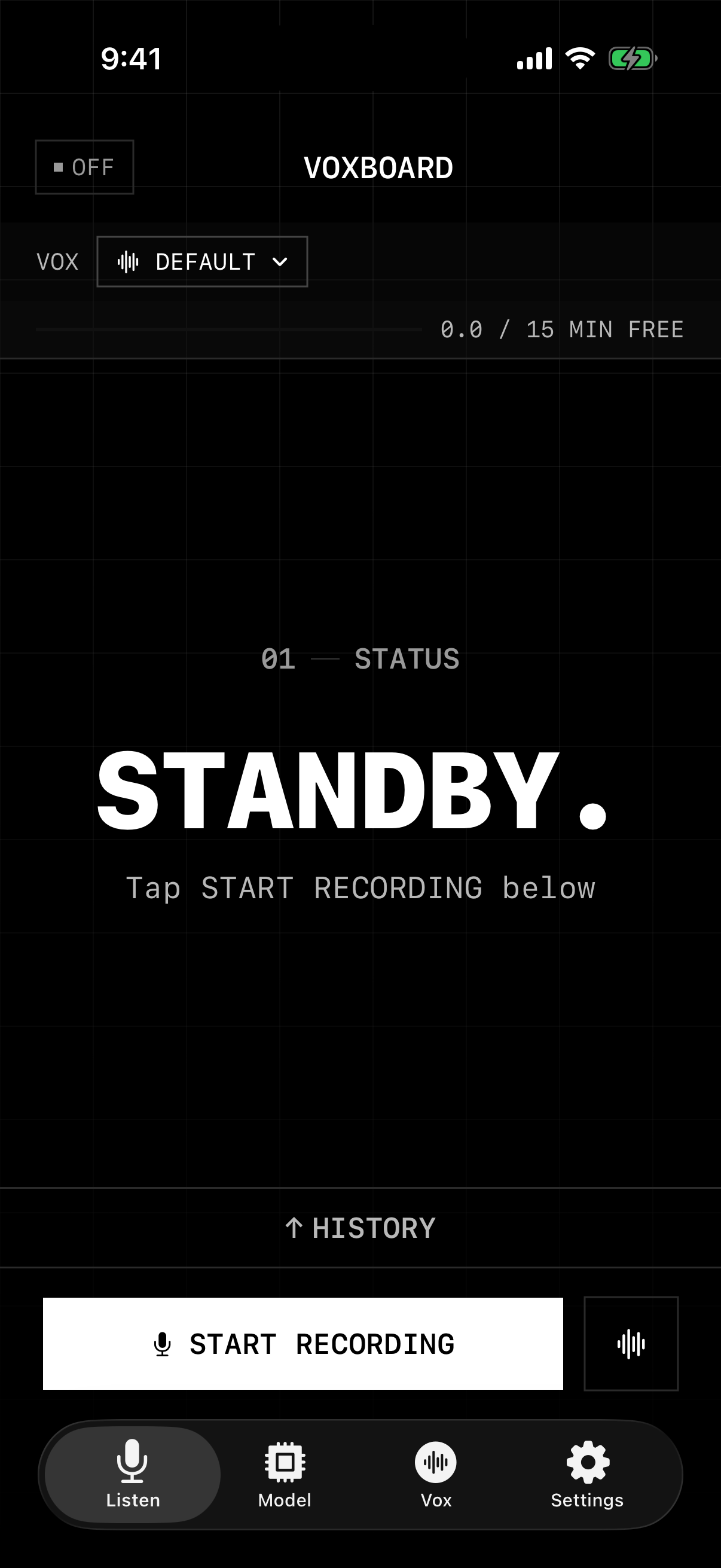 Voxboard standby screen ready to start recording