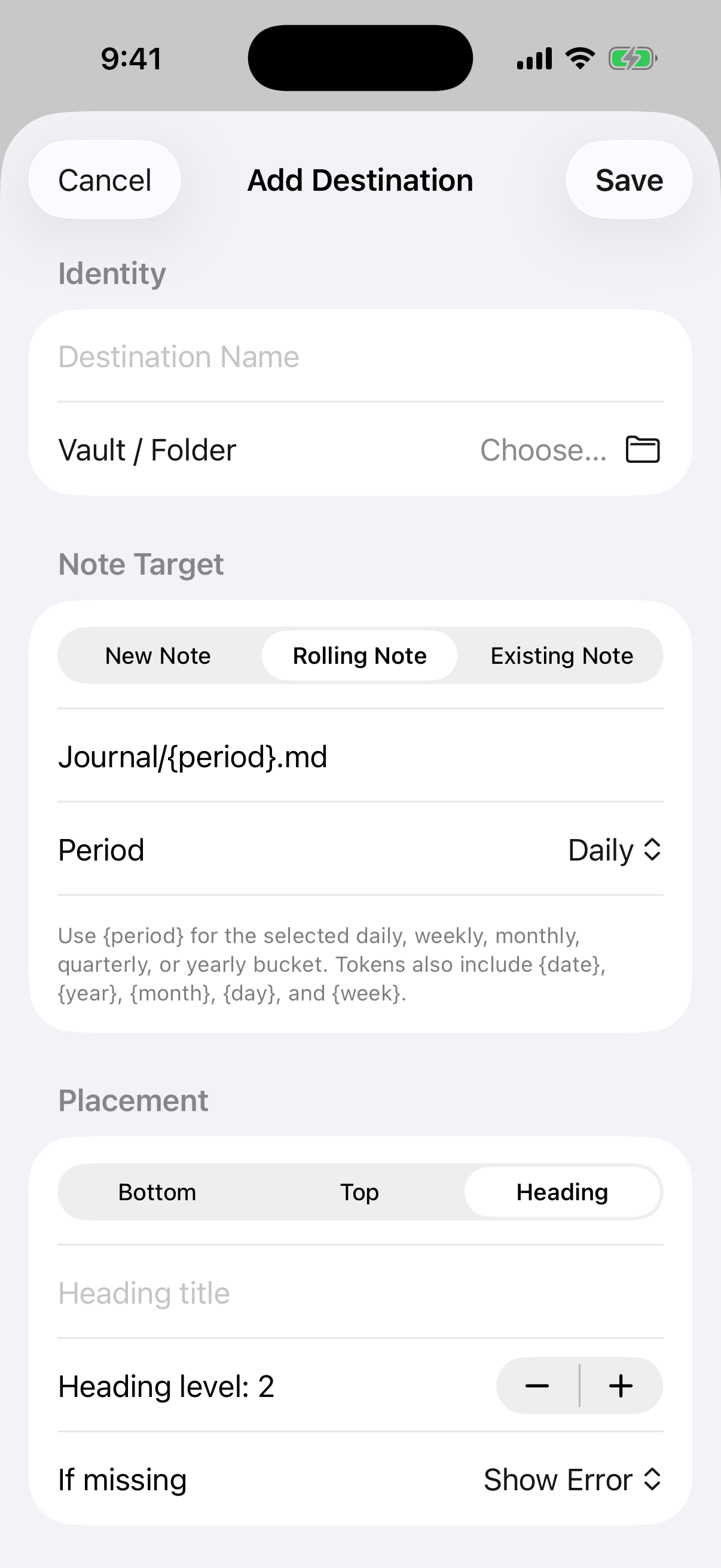 Vox.md destination editor showing rolling notes and heading placement