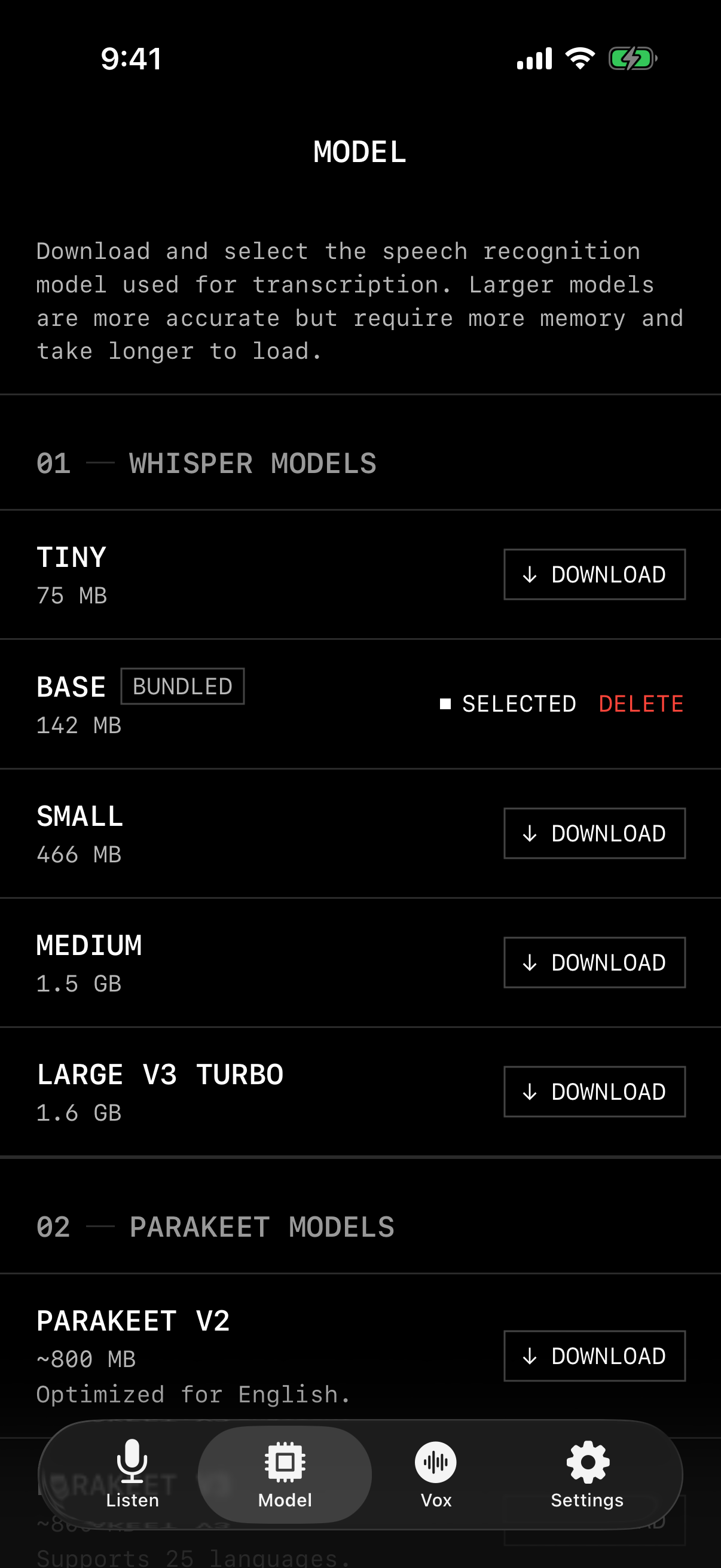 Voxboard model picker with Whisper and Parakeet models