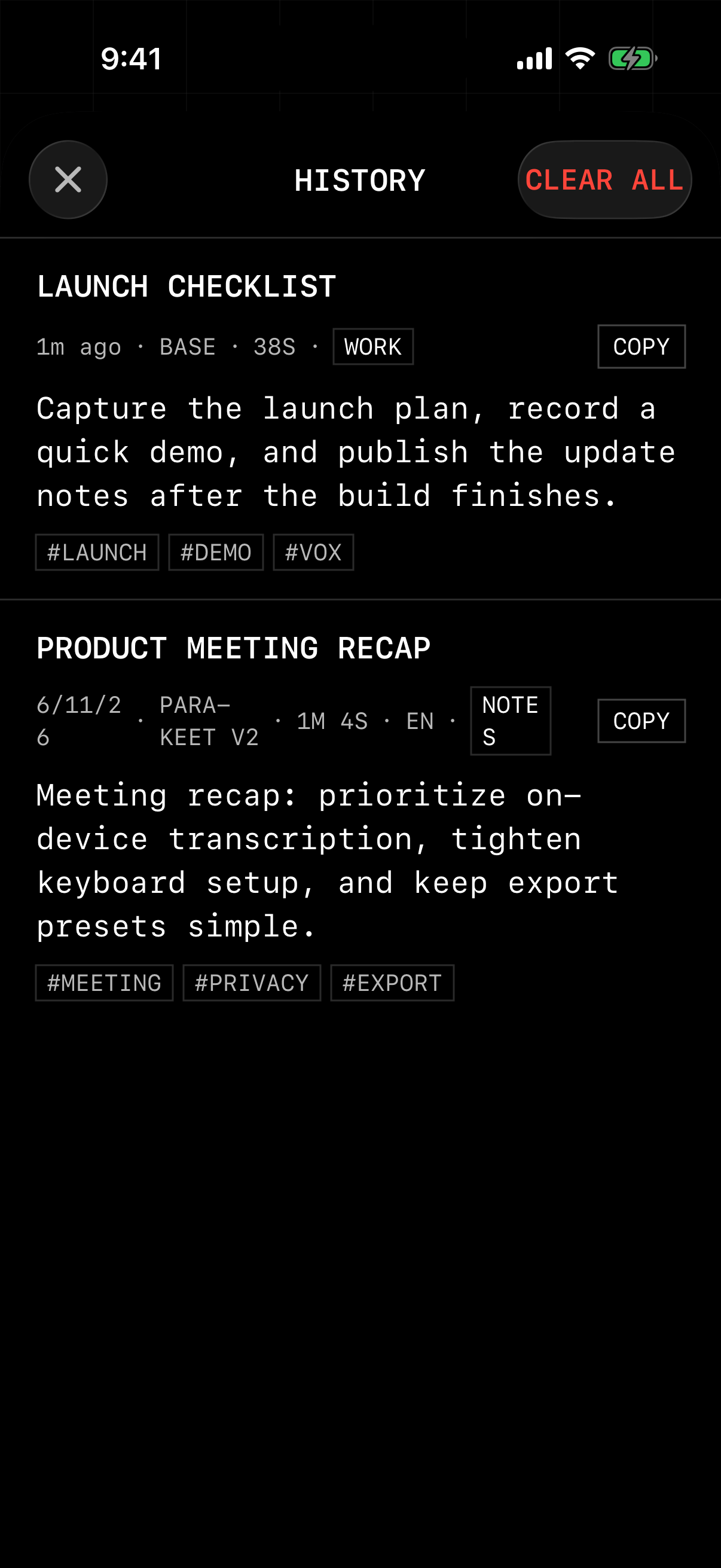 Voxboard local transcript history with tags and copy actions