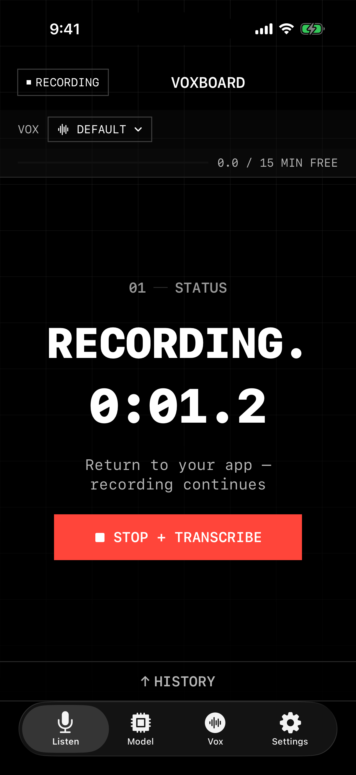 Voxboard recording screen showing an active local transcription session