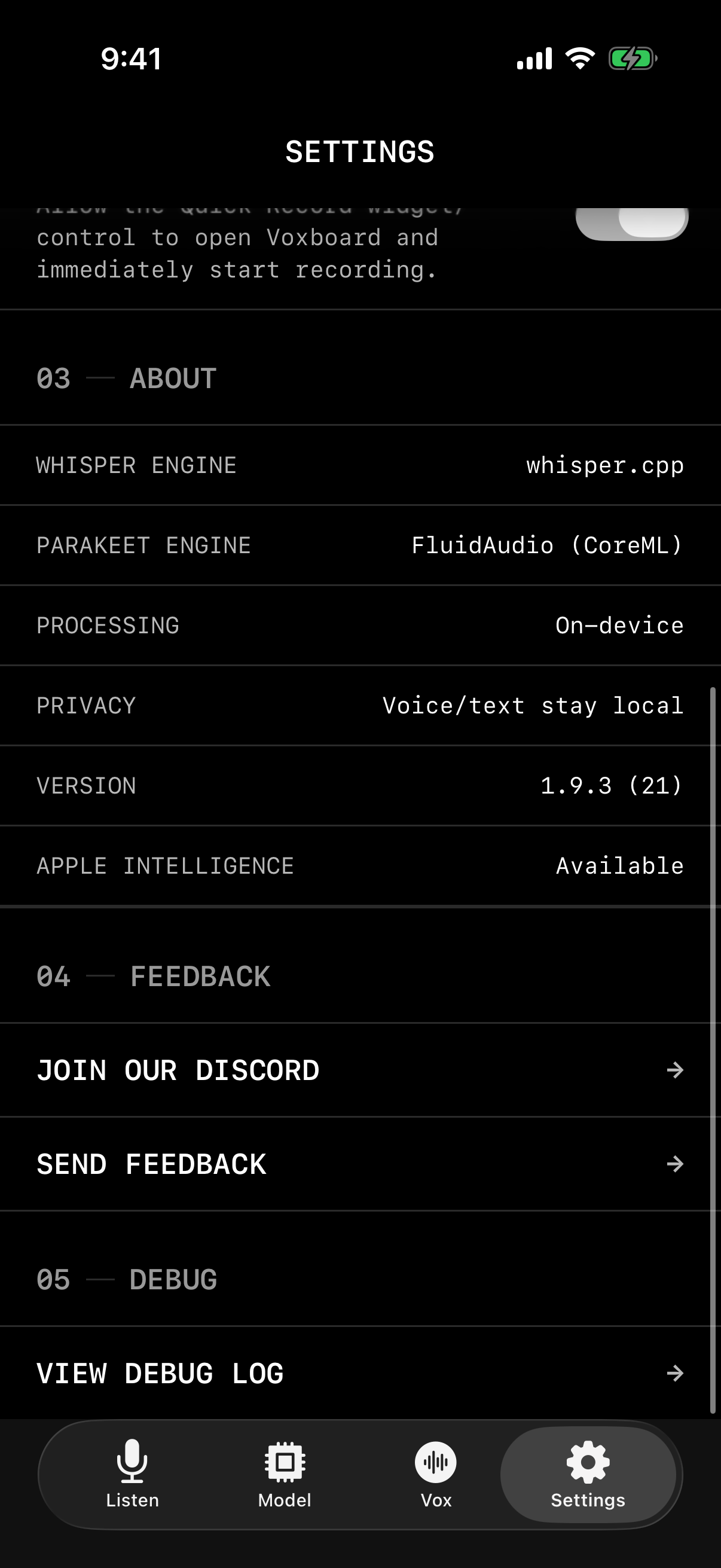 Voxboard privacy and technical settings